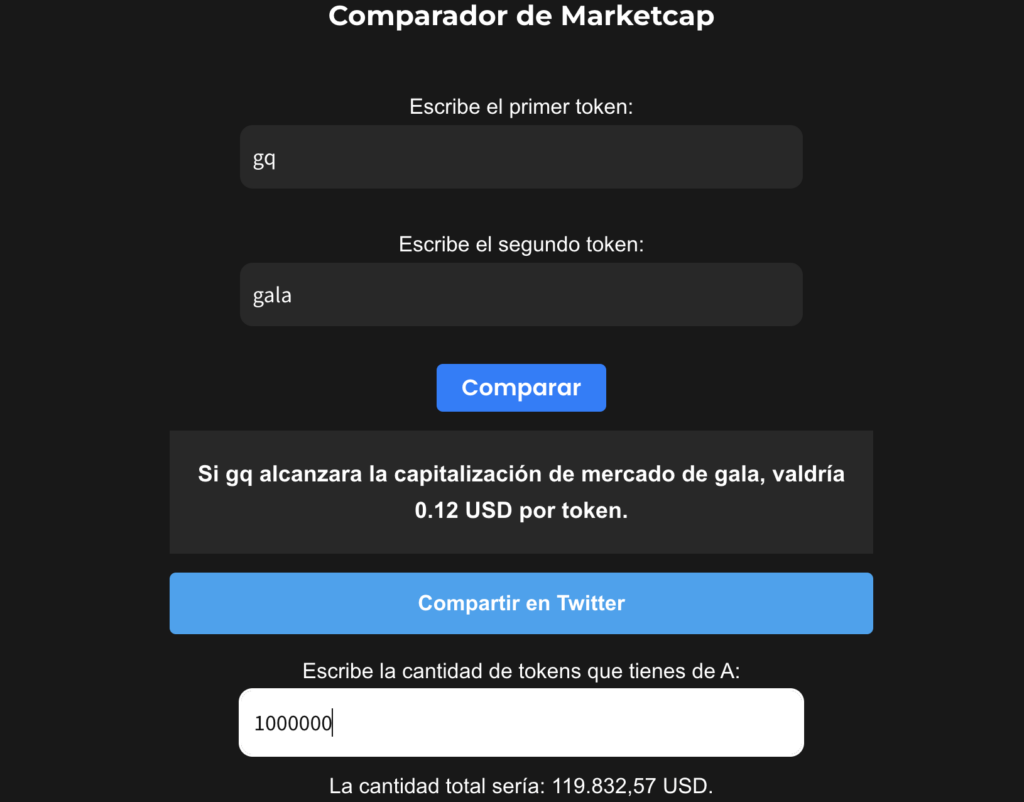 Resultado de una calculadora de comparador de marketcap