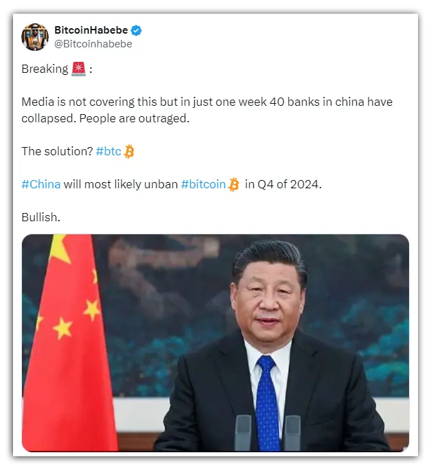 Tweet sobre la flexibilización de la prohibición de las criptomonedas en China