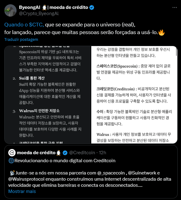 La imagen muestra un tweet de ByeongAI, que habla sobre la expansión de $CTC (Creditcoin) al universo real. El contenido resaltado menciona que una vez que se lance, parece que muchas personas se verán obligadas a usarlo. El tweet incluye referencias a asociaciones con proyectos como Spacecoin y Sui Network, destacando la creación de una Internet descentralizada. También se describen tres proyectos: Spacecoin, Sui y Walrus, cada uno de los cuales se centra en aspectos como la conectividad 5G, las soluciones blockchain y la protección de datos. La imagen es una captura de pantalla de un tweet en un entorno digital, que permite la comunicación de ideas sobre tecnología e innovación en el espacio blockchain.