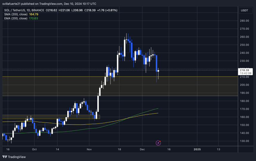 SOL prueba demanda crucial por encima de $ 210