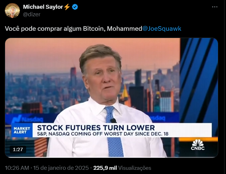 El director ejecutivo de MicroStrategy, Michael Saylor, compartió un extracto de la entrevista en la que Kerne aconseja al economista invertir en Bitcoin para protegerse de la inflación. Fuente: X.com.