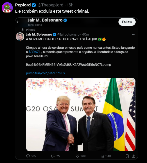 La imagen representa un tweet que ha sido eliminado, donde Jair M. Bolsonaro anuncia una nueva moneda oficial en Brasil llamada $BRAZIL. En el tuit, Bolsonaro se encuentra con Donald Trump, ambos sonríen y se dan la mano en un ambiente formal. Al fondo vemos las banderas de Brasil y Estados Unidos, simbolizando la alianza entre ambos países. El tuit destaca un llamado a la celebración y promueve la nueva moneda como símbolo de orgullo y libertad para el pueblo brasileño.