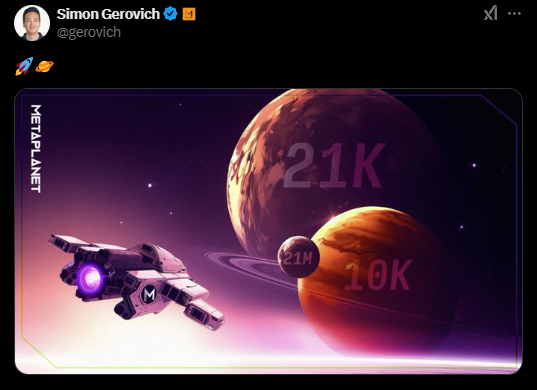 Imagen de un tweet publicado por Simon Gerovich de Metaplanet. El texto muestra los números "21k" (21 mil) y "10k" (10,000) destacados, refiriéndose a los objetivos de acumulación de bitcoin de la compañía: 21,000 BTC a 2026 y 20,000 BTC como objetivo intermedio. El nombre de la empresa "Metaplanet" Aparece a continuación, al lado del logotipo. La disposición visual prioriza la claridad y el impacto, con números en una fuente grande y negra, reforzando el compromiso estratégico con la criptomoneda.