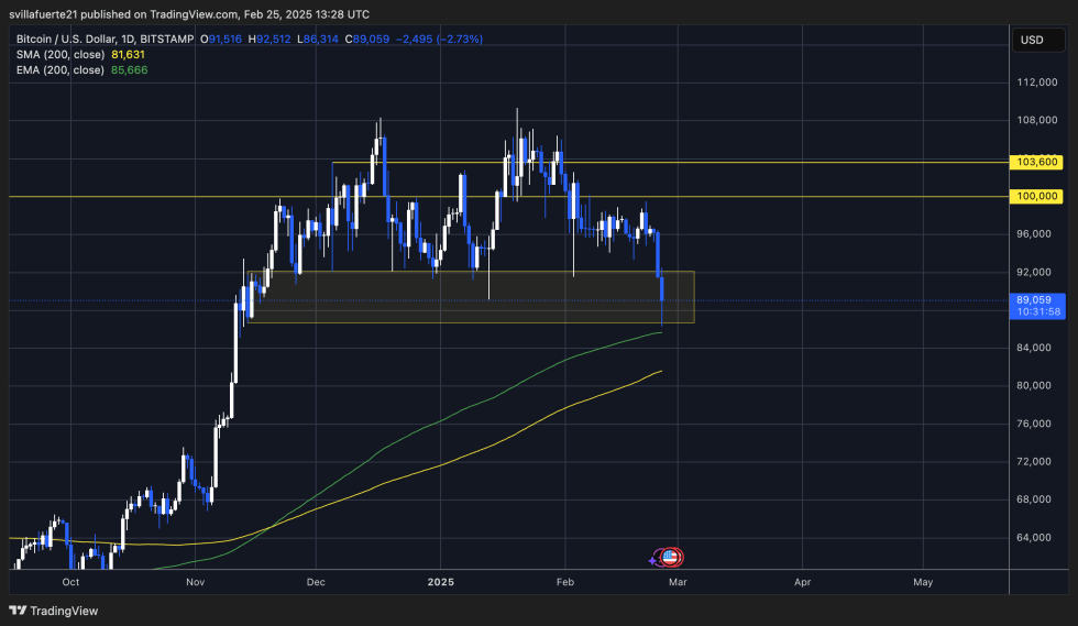 BTC etiqueta la EMA de 200 días | Fuente: BTCUSDT Chart en TradingView