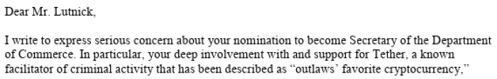 Extracto de la carta de Elisabeth Warren a Howard Lutnick, (27 de enero de 2025)