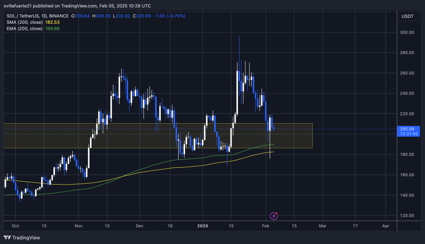 Sol Prueba de demanda por encima de $ 200 | Fuente: Solusdt Chart en TradingView
