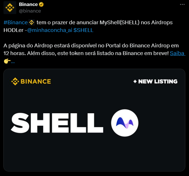 La imagen muestra un anuncio de Binance sobre la inclusión de Token Myshell (Shell) en el programa Hodler Airdrops. El texto señala que la página AirDrop estará disponible en el portal de Binance Airdop en 12 horas y que el token se enumerará en Binance pronto. El anuncio se acompaña del logotipo de Binance y el hashtag #binance, además de mencionar el perfil @minhacncha_ai y el símbolo $ shell. La imagen también incluye la sección "Nuevo listado" Para resaltar el nuevo listado.