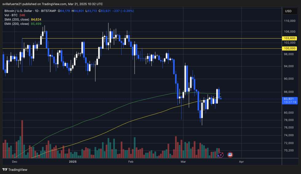 BTC luchando por debajo de $ 85k | Fuente: BTCUSDT Chart en TradingView