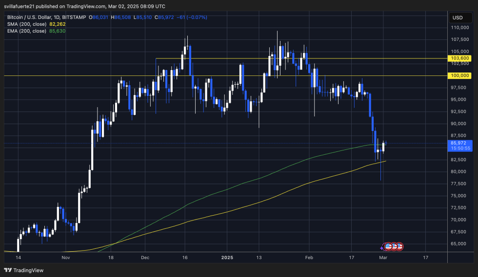 BTC Holding por encima de los 200 días Ma & Ema | Fuente: BTCUSDT Chart en TradingView