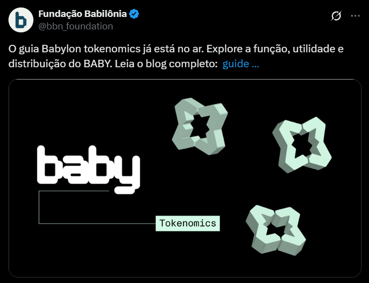 La imagen muestra una publicación de la Fundación Babylon (@BBN_Foundation) en una red social, anunciando el lanzamiento de la Guía de Tokenómica del Proyecto. El texto principal dice: "La Guía de Tokenómica Babilonia ya está en el aire. Explore la función, la utilidad y la distribución del bebé. Lea el blog completo: Guía ...". A continuación se muestra una división con la palabra "الداخل" (lo que significa "interior" o "dentro" en árabe) seguido de "Tokenómica" en Inglés. El aspecto sugiere una tarjeta de red social con un fondo ligero y un texto negro, posiblemente acompañado de elementos gráficos mínimos como líneas o íconos discretos.