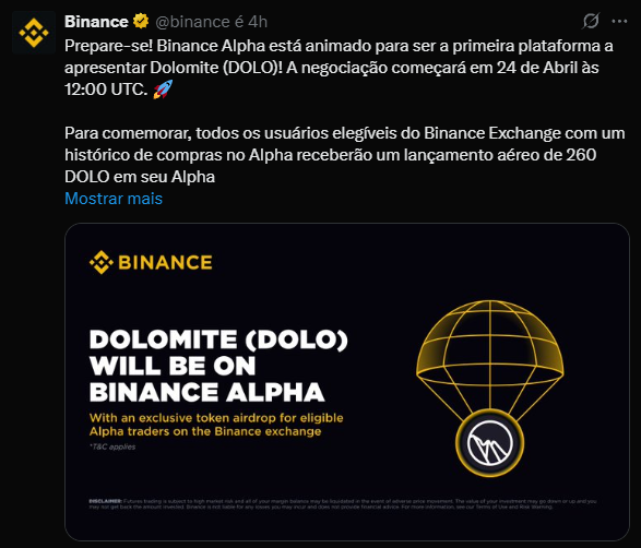 La imagen presenta un anuncio oficial de Binance sobre el lanzamiento de Token Dolomite (DOLO) en su plataforma alfa. El texto principal, resaltado, informa: "¡Binance Alpha está emocionado de ser la primera plataforma en presentar dolomita (intención)! La negociación comenzará el 24 de abril a las 12:00 UTC". A continuación se muestra un mensaje sobre la distribución de 260 tokens dolo para los usuarios elegibles de intercambio de binance que tienen un historial de compras en Alpha. La imagen también muestra un sello con las palabras "La dolomita (engaño) estará en binance alfa" Sobre un fondo colorido, destacando el airdrop exclusivo para comerciantes calificados. Los colores y el diseño vibrantes refuerzan el tono de novedad y oportunidad del anuncio.