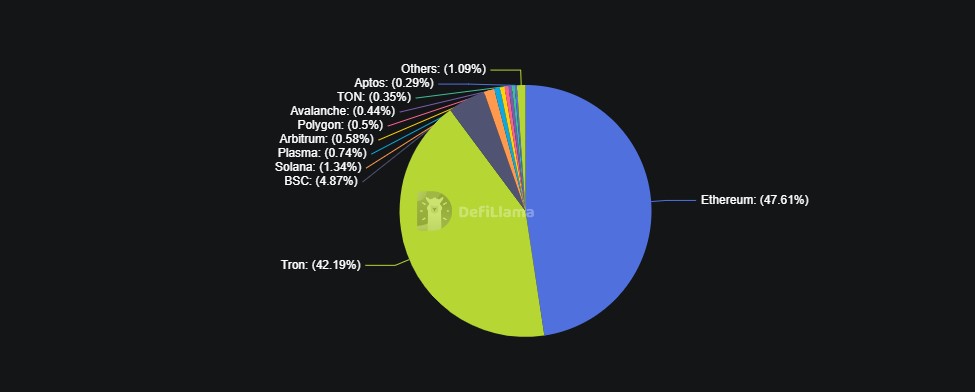 Gráfico de tipo torta que representa el suministro total de USDT en distintas redes.