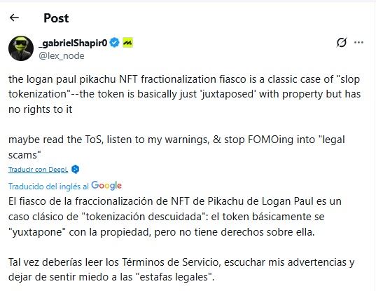 Captura de un tuit sobre el fraccionamiento de la tarjeta Pokémon.
