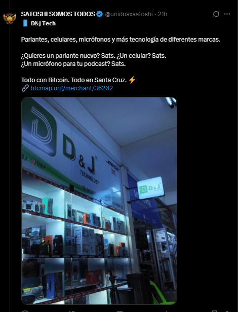 Fachada de una tienda de tecnología en Santa Cruz, Bolivia, donde cada vez hay más comercios aceptando bitcoin.