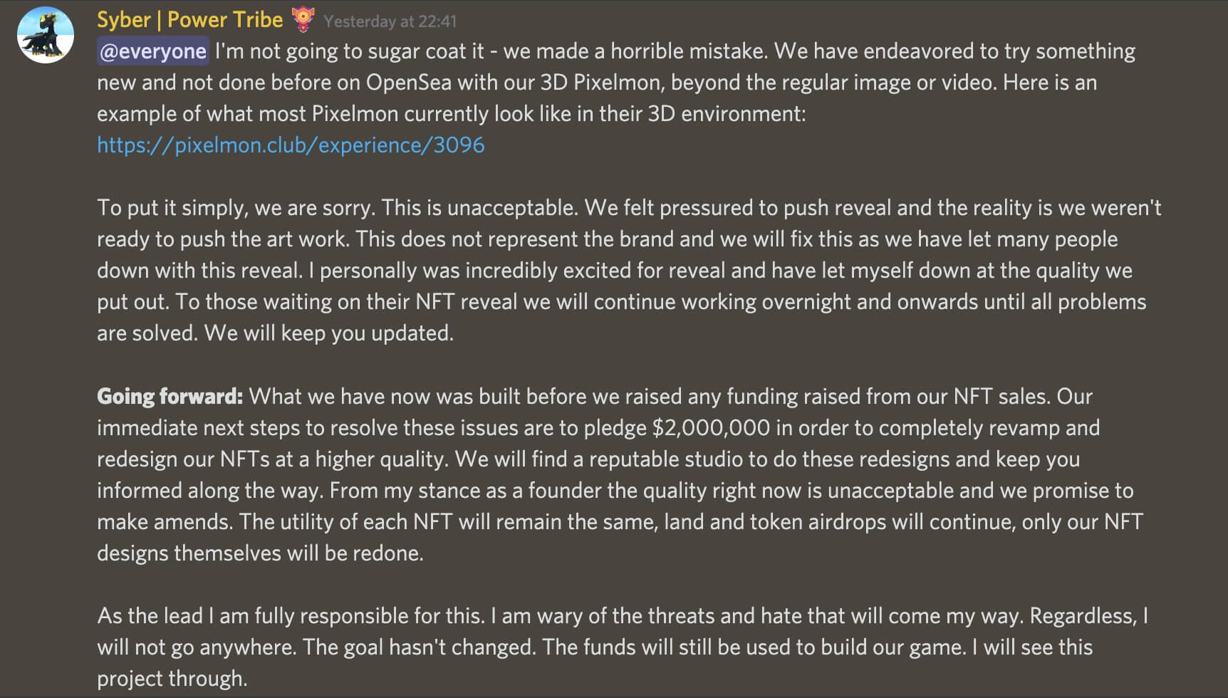 El equipo de Pixelmon admite haber cometido 