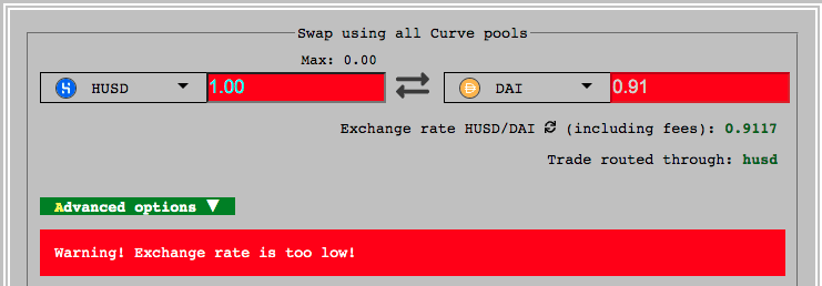 El precio de HUSD cae en picado frente a otras monedas estables.  Fuente: Curve Finanzas.