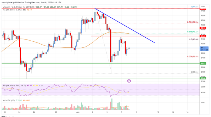 Análisis de precios de Litecoin (LTC): los toros continúan luchando cerca de $ 92